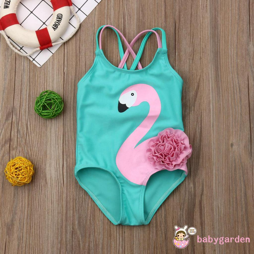 Áo Tắm Không Tay Cổ Tròn, Họa Tiết Hoa Và Chim Hồng Hạc Cho Bé Gái