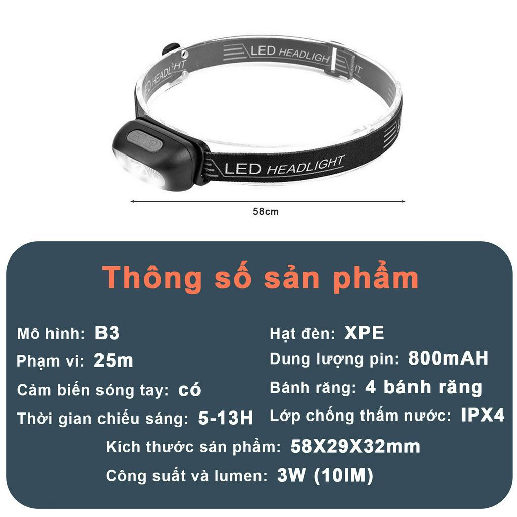 Đèn Pin  đội đầu siêu sáng cảm biến bằng tay,Đèn pha LED chống nước kèm sạc USB,đèn pin đội đầu siêu sáng pin trâu