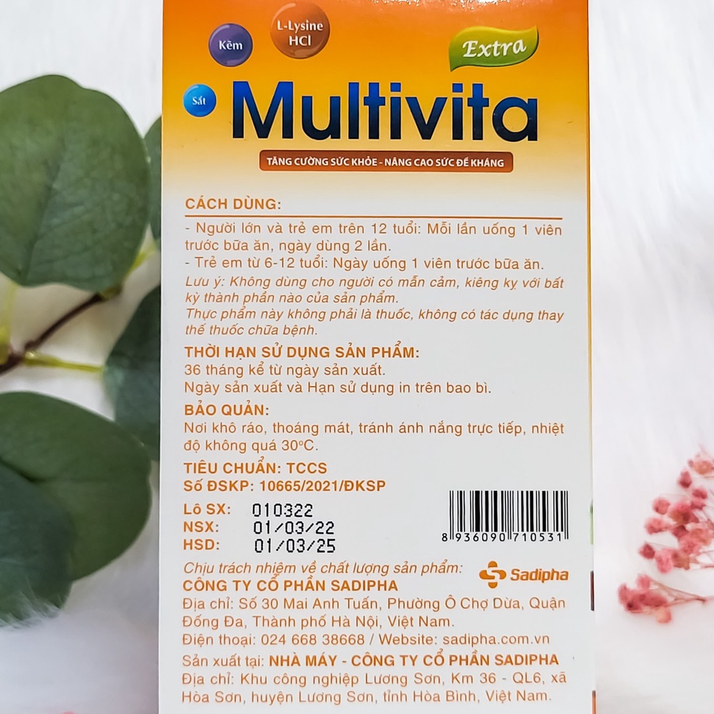 Viên uống bổ sung vitamin và khoáng chất tăng sức đề kháng Sadipha Multivita Extra hộp 100 viên