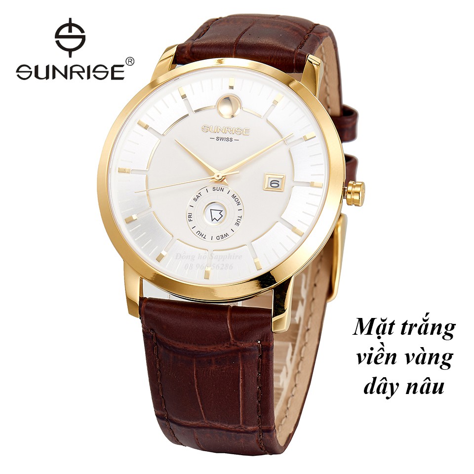 Đồng hồ nam siêu mỏng Sunrise 1115PA DÂY DA 2 lịch kính Sapphire chống xước - Fullbox chính hãng