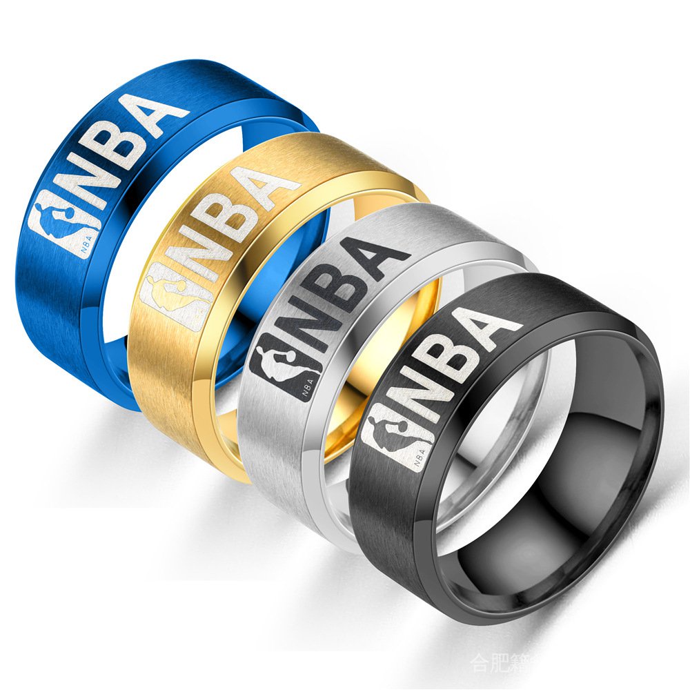 Nhẫn Inox Mạ Vàng Đen 8Mm Cho Nam#39 Logo Bóng Rổ Độc Quyền 7vCv