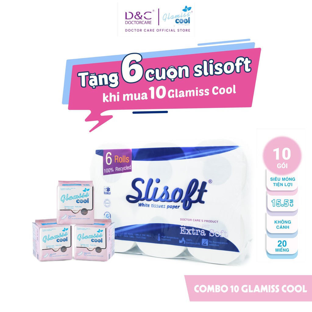 Băng vệ sinh thảo dược Glamiss Cool hàng ngày 16cm Combo 10 gói Tặng bịch giấy vệ sinh Slisoft 6 cuộn