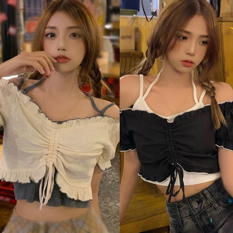 Áo Croptop Tay Ngắn Dây Rút Phong Cách Hàn Quốc Thời Trang Cho Nữ