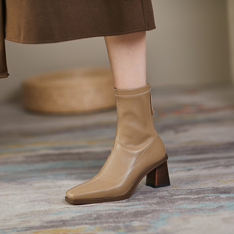 Giày bốt Martin cao gót dày co giãn mỏng màu trơn thời trang mùa thu kiểu Pháp 2021 cho nữ