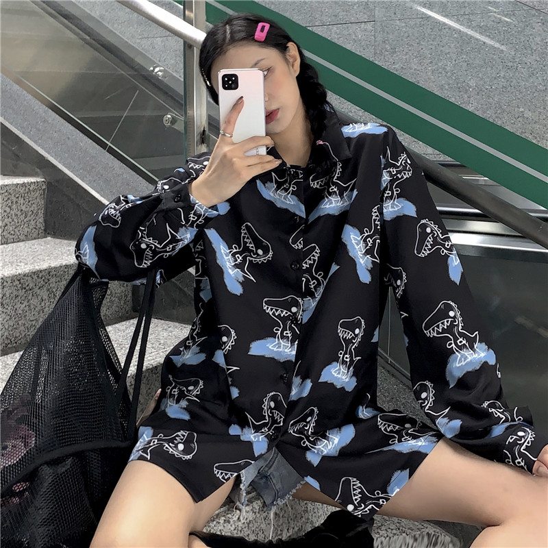 Women's Retro Print Korean Top Fashion Loose Dinosaur Long Sleeve Shirt | BigBuy360 - bigbuy360.vn