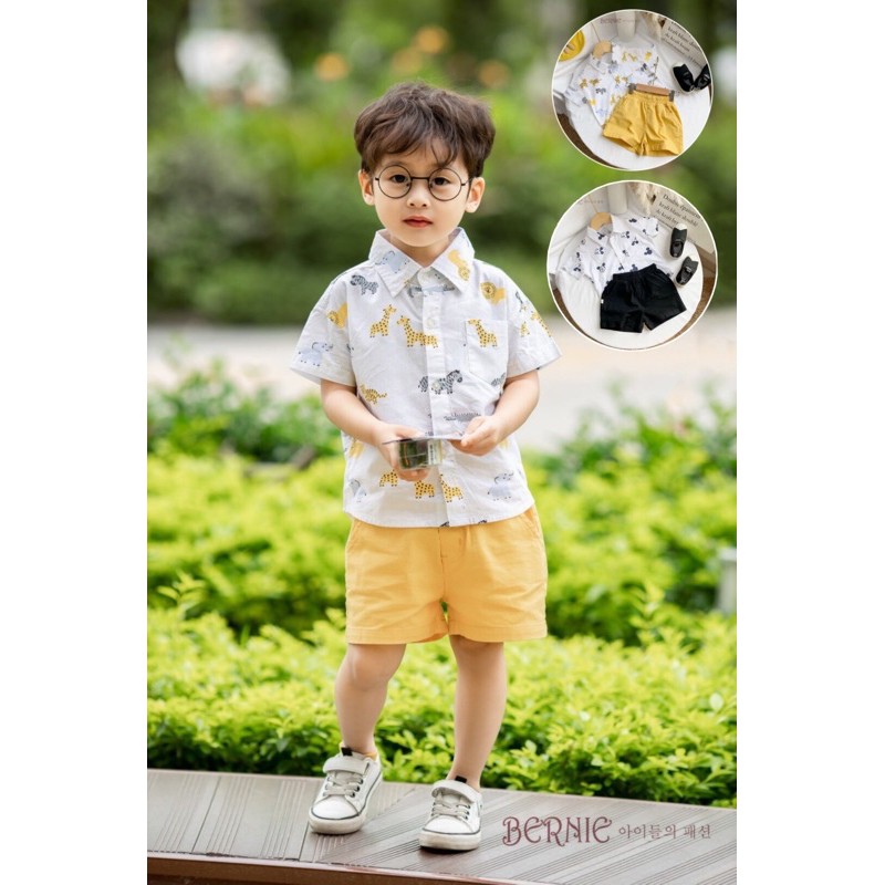 Set sơ mi BERNIE họa tiết quần Linen cho bé từ 9 đến 22kg-Bernie kids