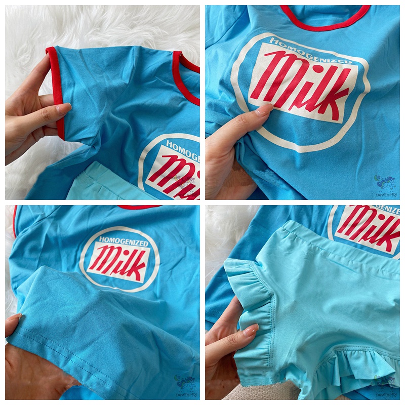 Set Áo Thun Tay Ngắn In Chữ + Quần Short Nhún Bèo Dễ Thương Cho Bé Gái