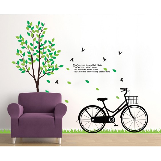 Decal trang trí Xe Đạp và nhánh cây xanh