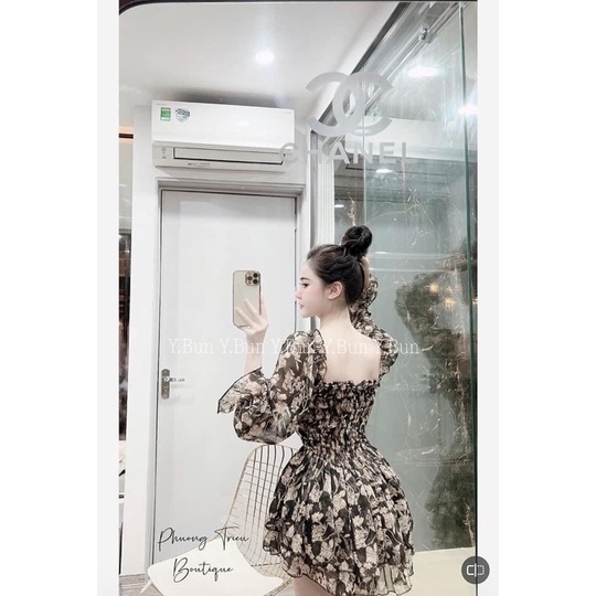 Váy tơ hoa đen cup ngực viền ren