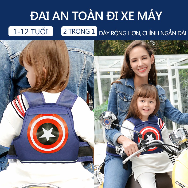 Đai an toàn đai đi xe máy trẻ em hiệu có túi balo có vạch phản quang 2 màu sắc xanh MA16/MA17