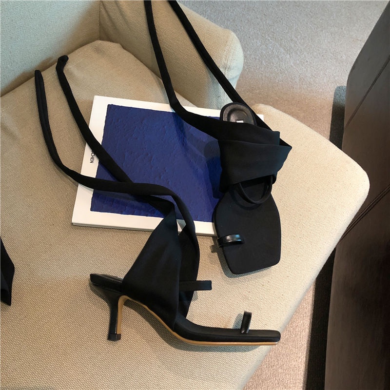 Giày cao gót vừa dày dặn mũi vuông phối dây phong cách cổ tích La Mã thời trang mùa hè cho nữ