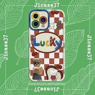 Ốp lưng iphone và samsung xiaomi oppo cạnh vuông Jicase Lucky caro đỏ trắng gấu 