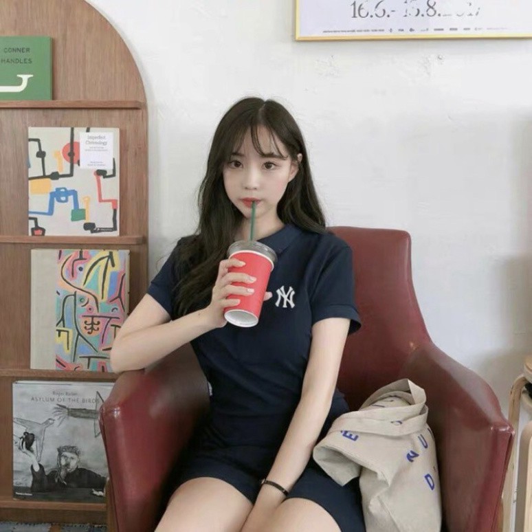 Váy polo nữ đầm chất cá sấu thêu chữ màu xanh than