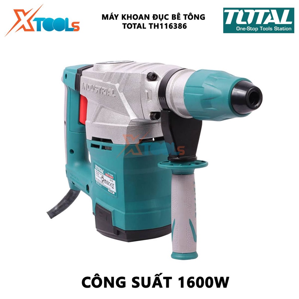 Máy khoan đục bê tông TOTAL TH116386 | máy khoan búa xoay công suất 1600W tốc độ không tải 550rpm tốc độ đập 3850 bpm vặ