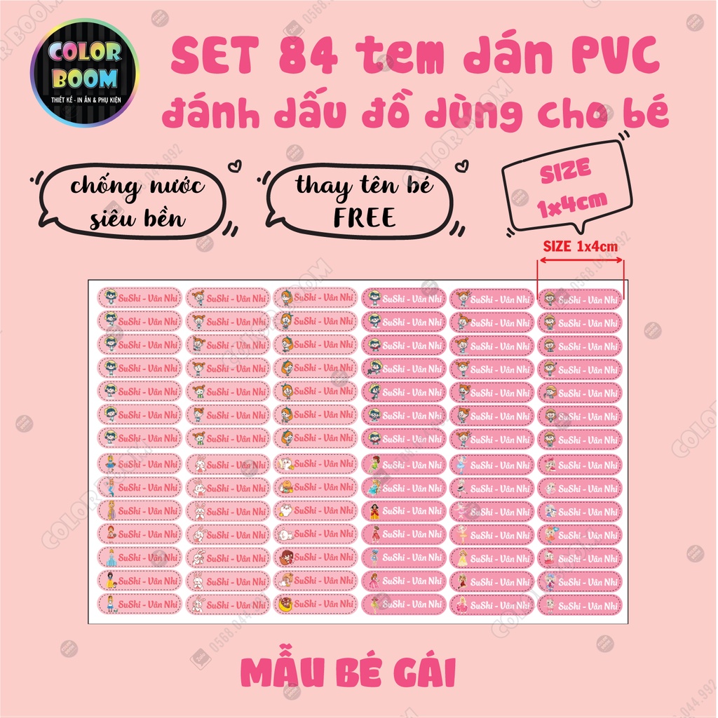 Set 84 Sticker Dán Đồ Dùng Cho Bé - Decal PVC chống thấm - Size 1x4cm