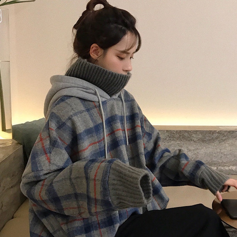 Áo hoodie dài RENJIANVSHENG tay giả hai lớp họa tiết ca rô thời trang dành cho nữ