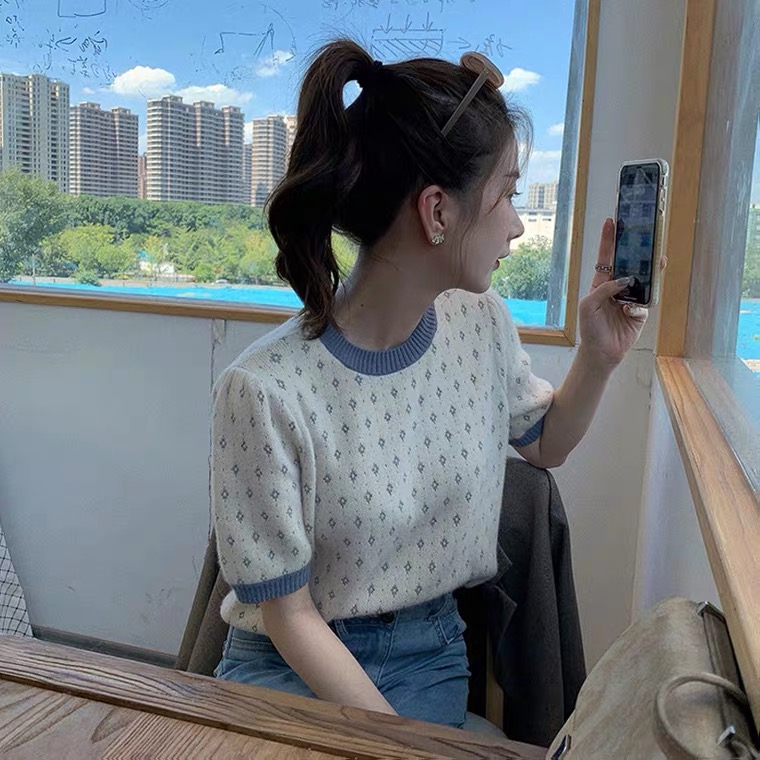 Áo croptop dệt kim SUXI tay ngắn cổ tròn phong cách mùa hè thời trang cho nữ