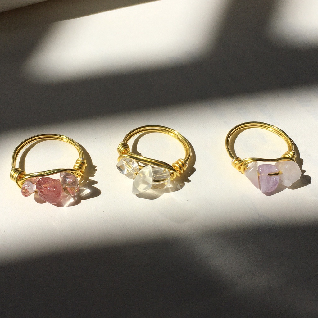 Nhẫn đá Rose Quartz, Amethyst, Clear Quartz 3 viên