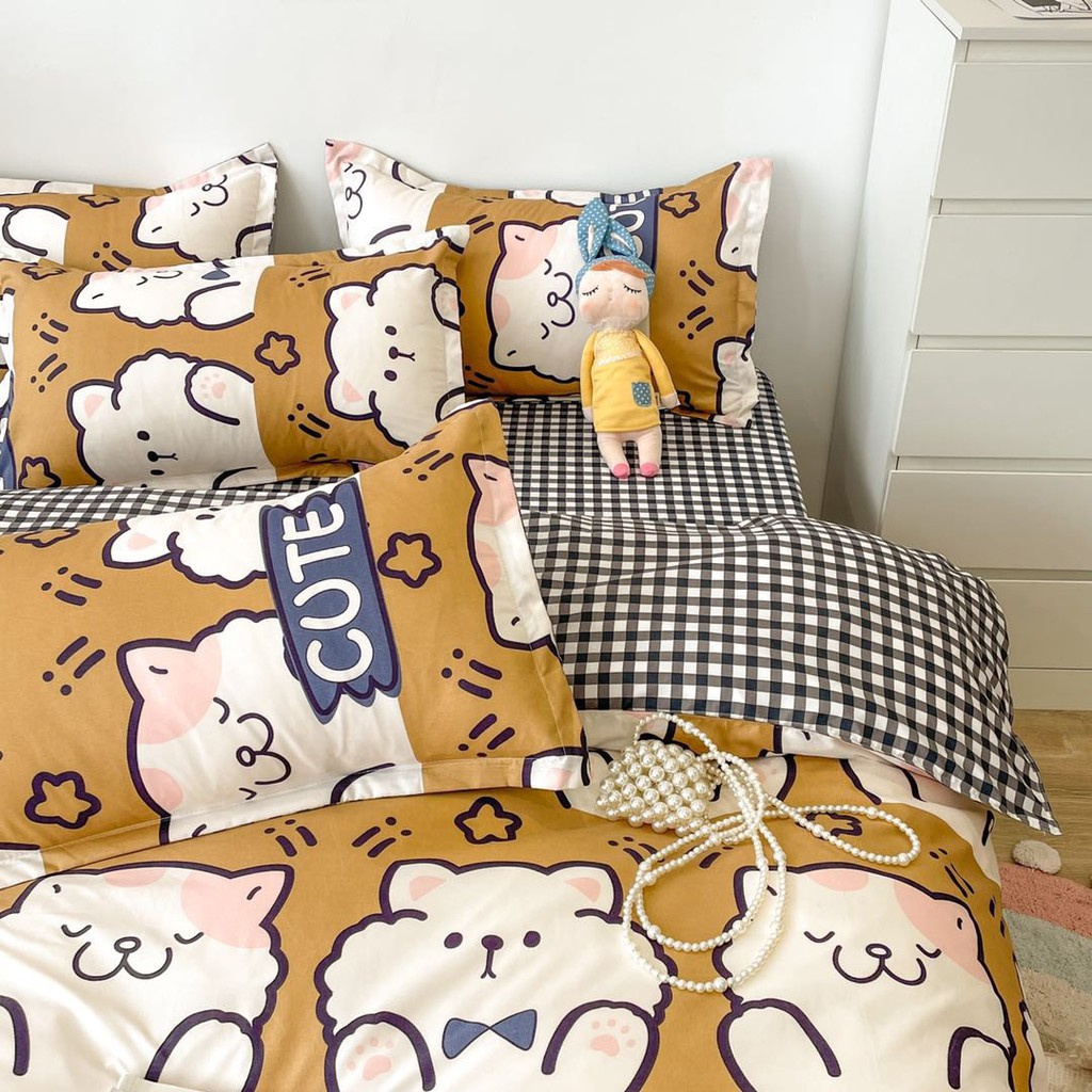 Bộ chăn ga gối cotton poly Lidaco decor phòng ngủ vintage - Mèo Nâu ( SP001408 )