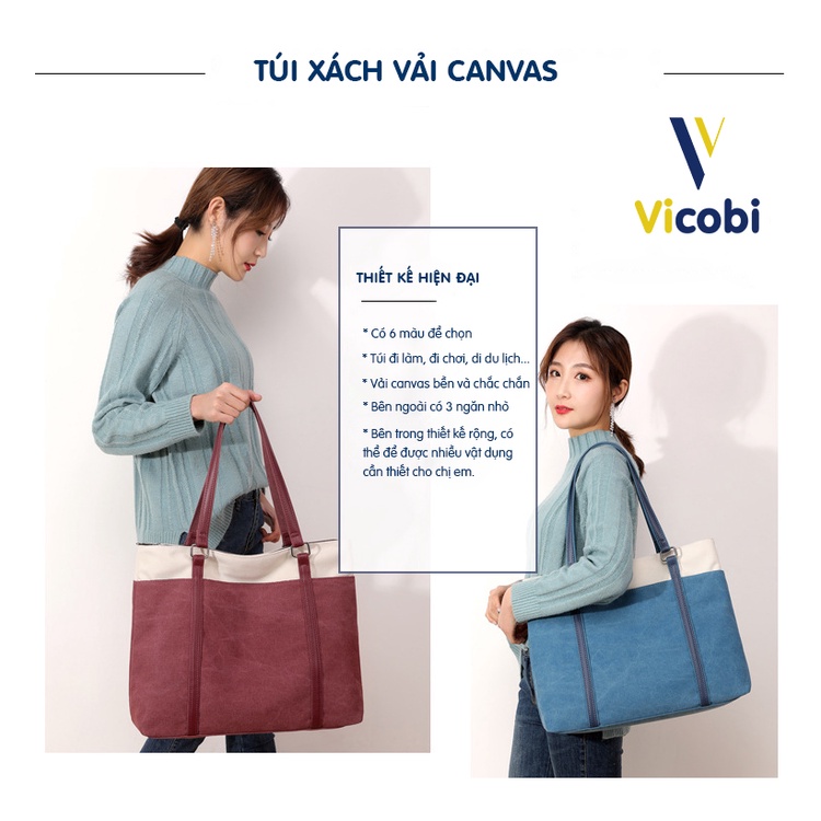 Túi xách nữ vải Canvas dày dặn Vicobi CV5 Theron, để được nhiều đồ dùng như tạp chí A4, ipad, sổ tay, ví tiền