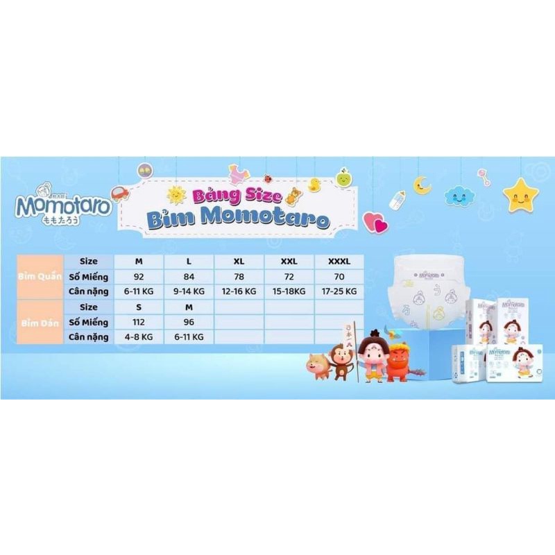 Bỉm tã dán/quần Momotaro S56/ M48/ M46/ L42/ XL39/ XXL36/ XXXL35