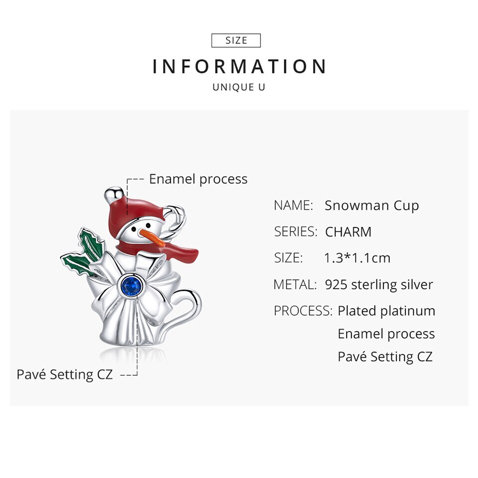 Mặt Vòng Tay Bamoer BSC373 Bạc Thật 925 Hình Cốc Người Tuyết Kim Loại Làm Trang Sức DIY Cho Nữ