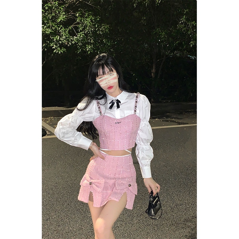 Set Đồ Gồm Chân Váy Lưng Cao Đính Nơ Màu Hồng Nhỏ Phong Cách Preppy Dễ Phối Đồ Thời Trang Mùa Hè Mới