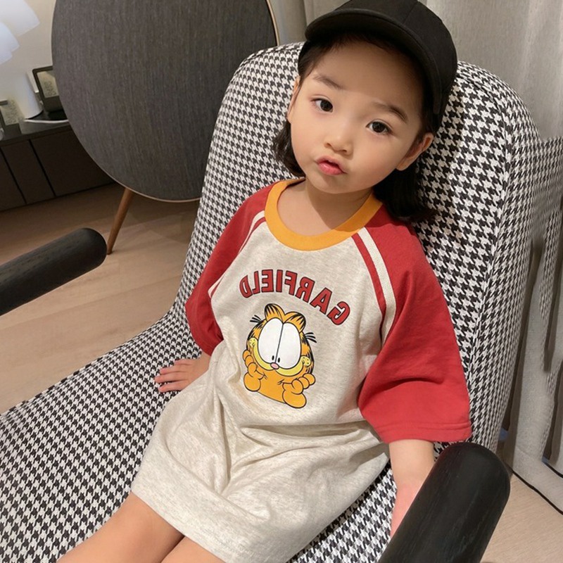 Đầm Thun Cổ Tròn Dáng Rộng In Họa Tiết Hoạt Hình Phối Màu Thời Trang Hàn Quốc Cho Bé Gái