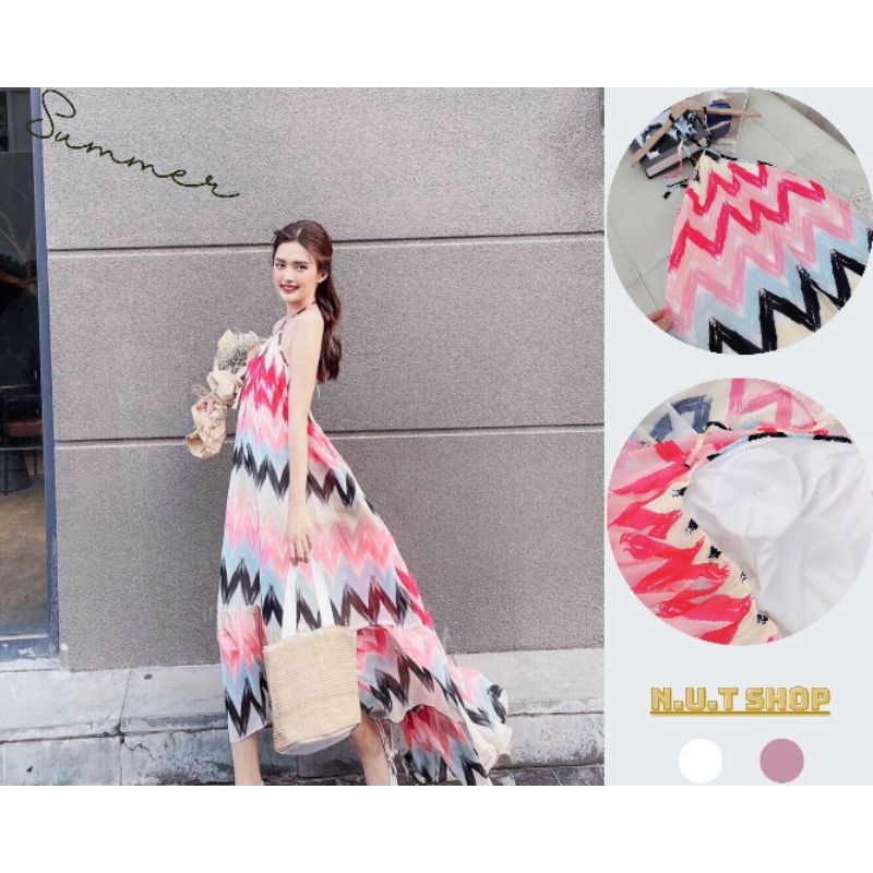 NUT's SUMMER COLLECTION 2022 - Đầm maxi vải lụa in 3D sắc xảo, cổ yếm, có lớp lót lụa trong và mút ngực - DHN190