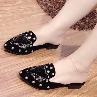 (Bảo hành 12 tháng) Dép sục nữ mũi đính đá mặt cáo phối đinh tán - Chất liệu Da nhung mềm mịn - Linus LN1831