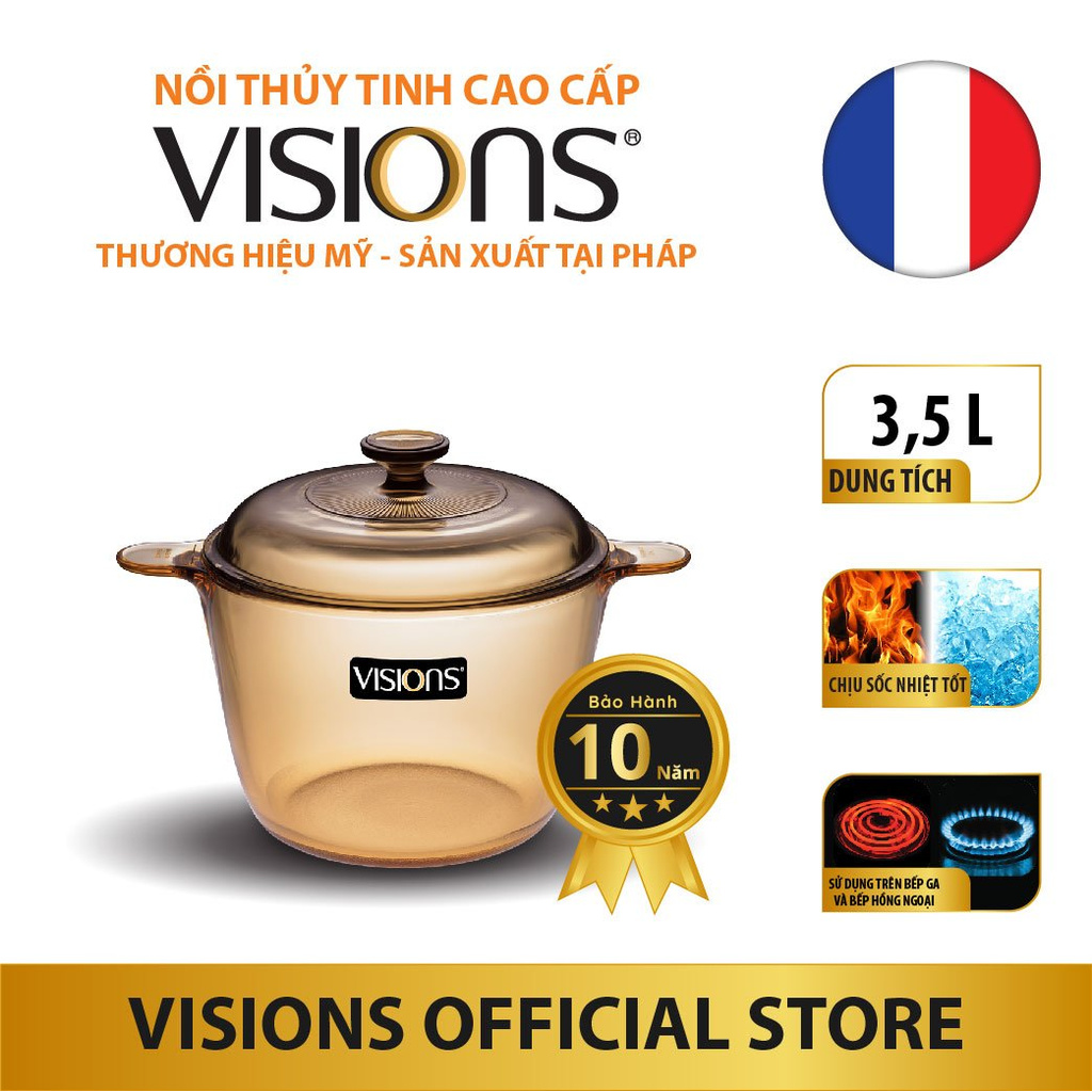 Nồi thủy tinh Visions VS-3.5 3.5L - Kích thước 22cmx10cm - Bảo Hành 10 năm - Xuất xứ từ Pháp - Hàng chính hãng