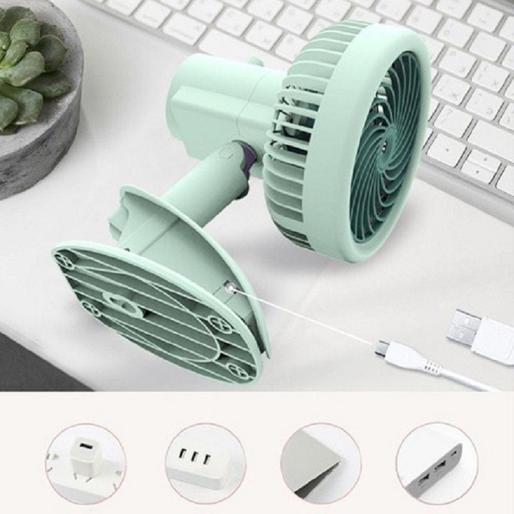 Quạt mini tích điện phun sương kẹp bàn 3 tốc độ Clip Fan cổng sạc USB, xoay 360 độ tiện lợi