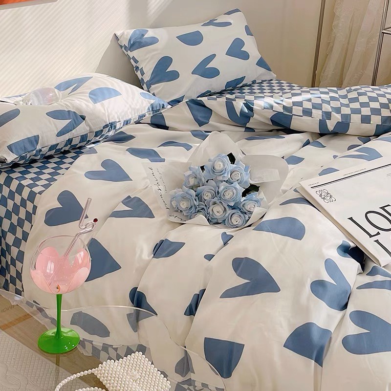 Bộ vỏ chăn ga gối cotton poly Lidaco decor phòng ngủ vintage - Tim khuyết xanh