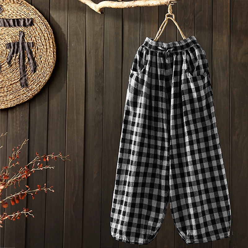 # ZANZEA Women Casual Plaid Cotton Linen With Pocket Long Pants # | BigBuy360 - bigbuy360.vn