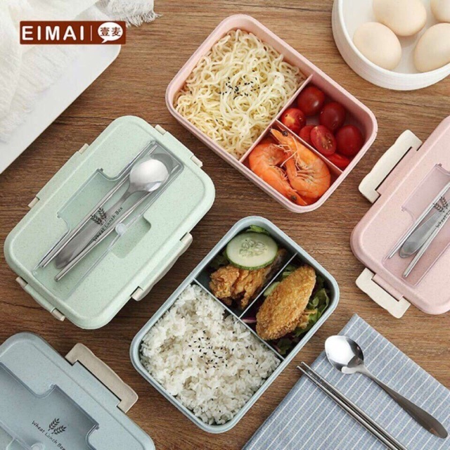 Hộp cơm lúa mạch 3 ngăn kèm đũa thìa inox