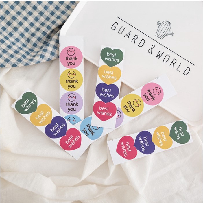 Tem nhãn dán cảm ơn, lời chúc tốt đẹp. Set 4 sticker thanks you mặt cười hình tròn, best wishes hình trái tim tự dính