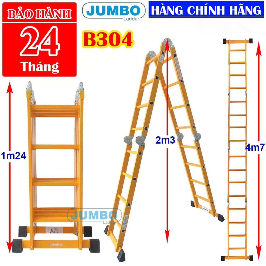 Thang nhôm gấp 4 đoạn đa năng JUMBO B304 (Chữ A 2,26m duỗi thẳng 4,7m)