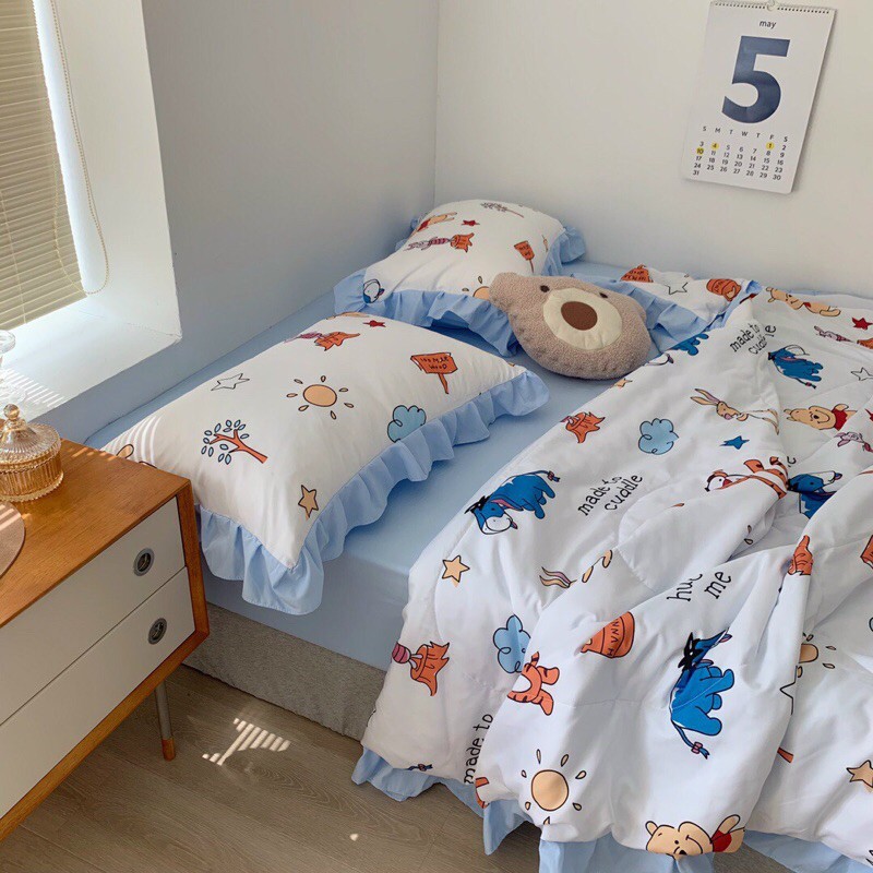 Bộ chăn ga 4 món cotton đũi bèo chăn trần hè thu nhập khẩu