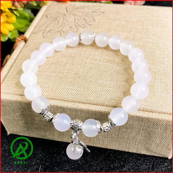 Vòng Tay Mệnh Thủy ( Kim ) - Vòng Tay Nữ Mã Não Trắng Mix Lá Xinh Xắn V382-8