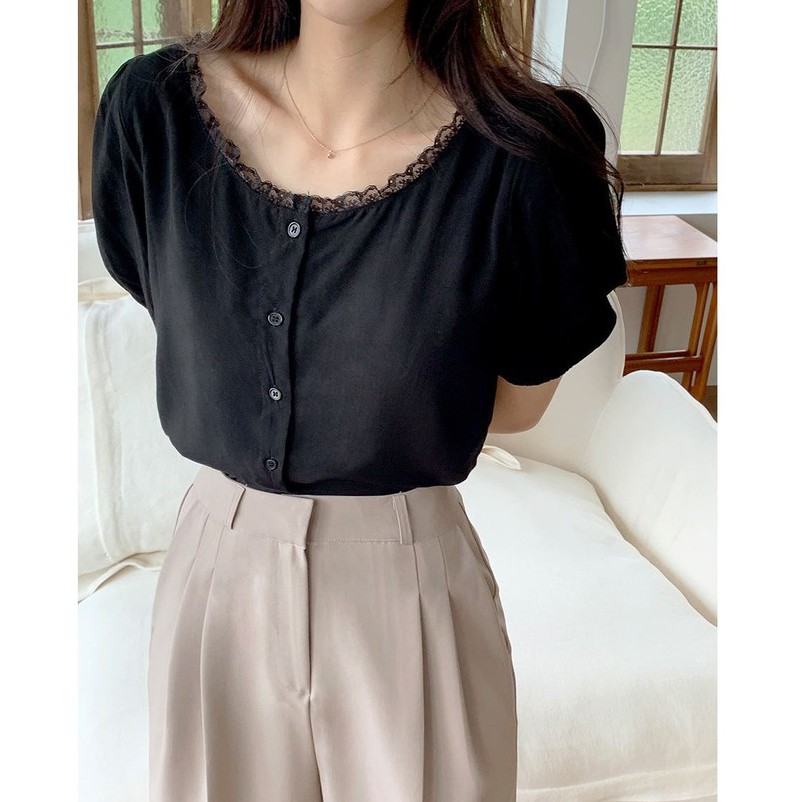 Áo kiểu tay ngắn phối ren màu sắc ngọt ngào phong cách Hàn Quốc cho nữ 44027