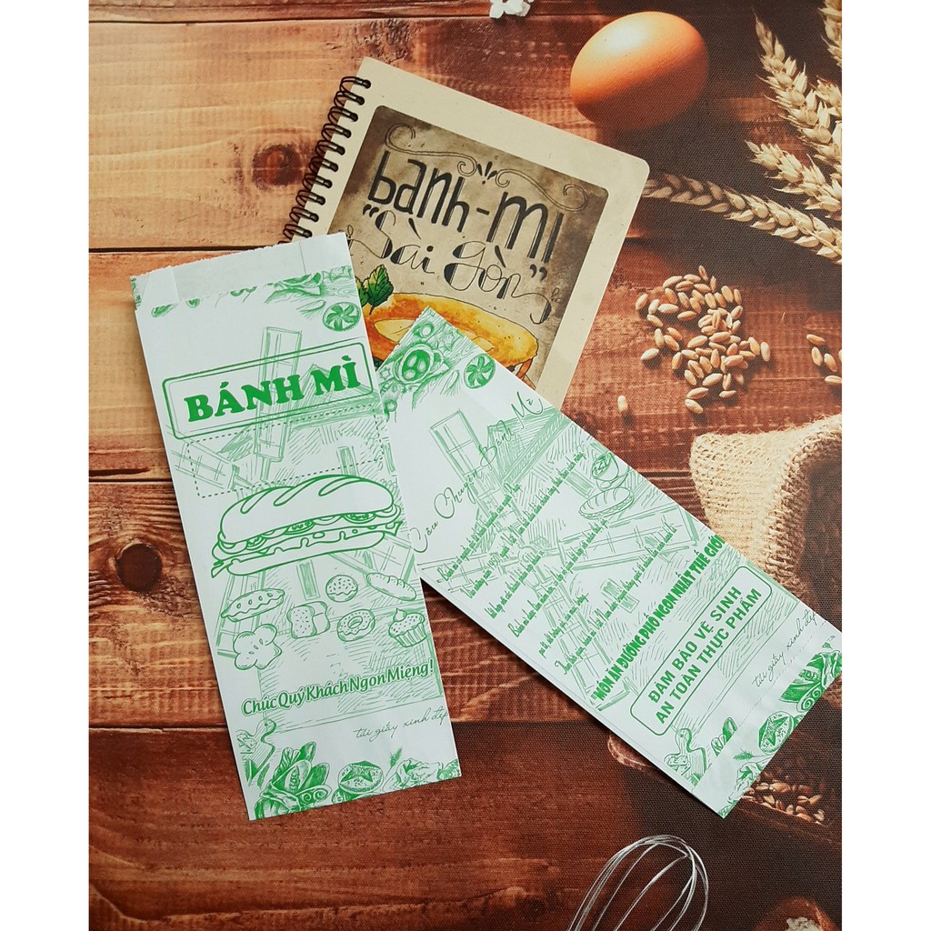 100 TÚI GIẤY ĐỰNG BÁNH MÌ THỊT HỌA TIẾT XANH (Giấy Thực Phẩm kraft ĐL 50gms, giấy khá dầy) | BigBuy360 - bigbuy360.vn