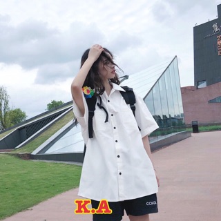 Áo sơ mi trắng cộc tay, áo sơ mi trắng dáng thụng, áo sơ mi cúc đen siêu đẹp