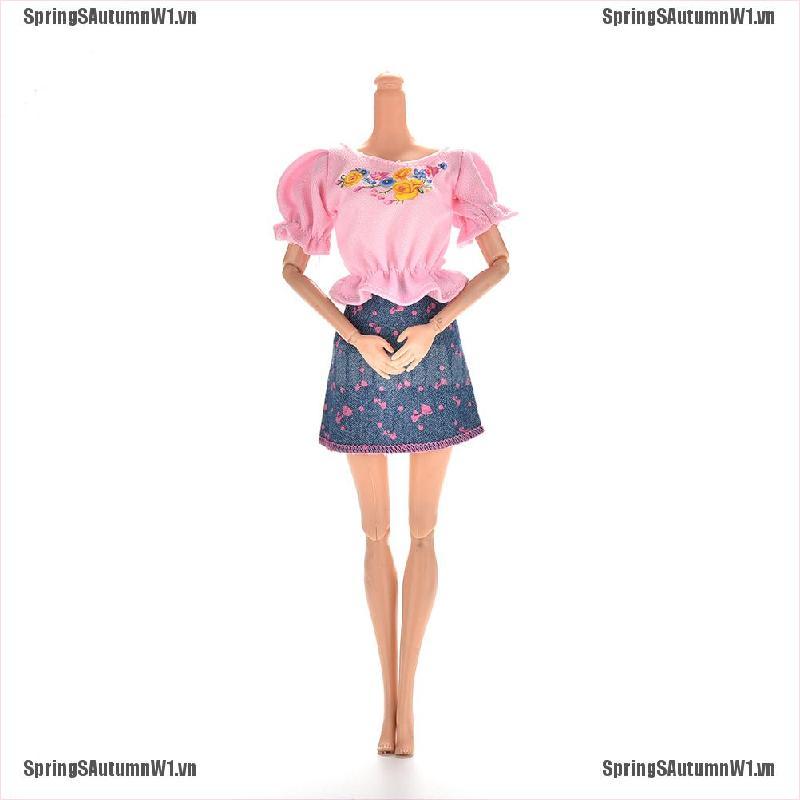 (Hàng Mới Về) Bộ 2 Món Áo Thun + Chân Váy Denim Xanh Dương Cho Búp Bê Barbie