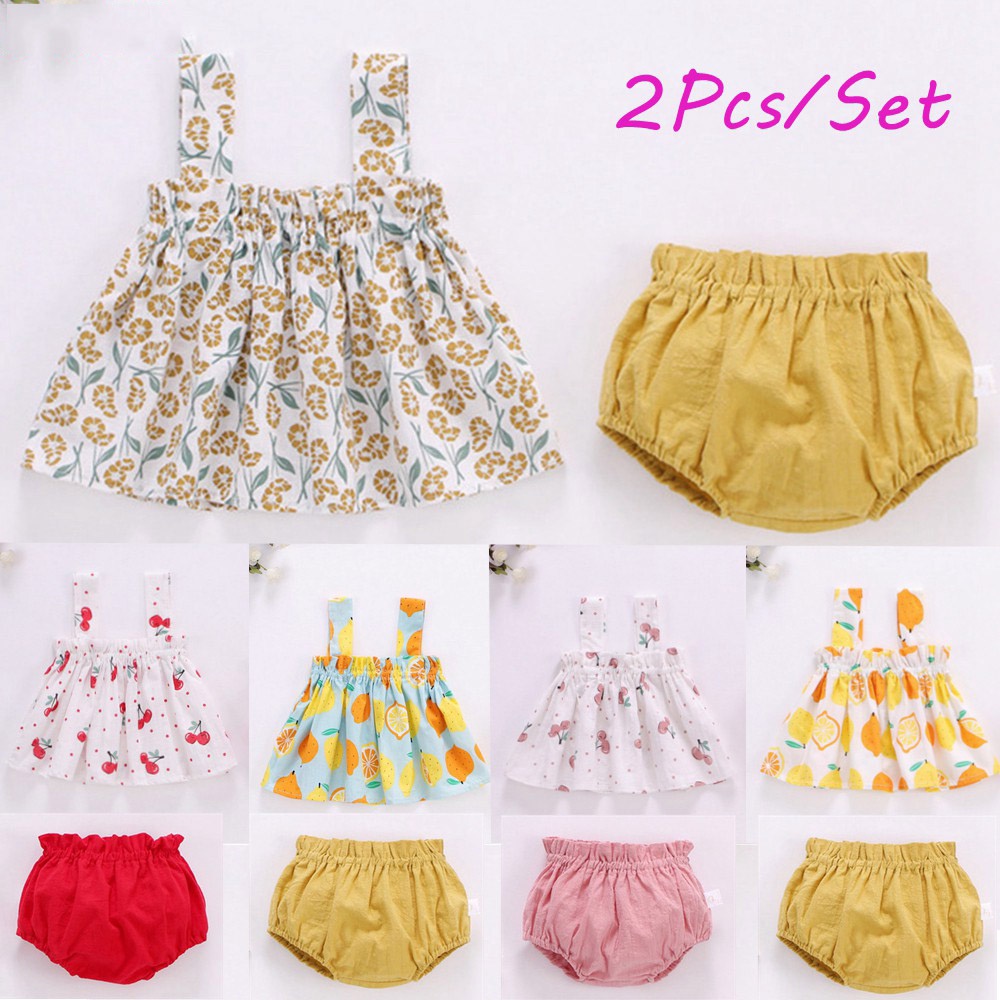 Bộ Trang Phục 2 Mảnh Gồm Đầm Hai Dây In Hình Quả Cherry + Quần Short Dễ Thương Dành Cho Bé Gái Sơ Sinh