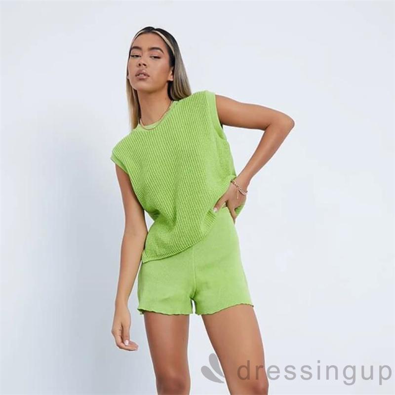 Set Đồ 2 Món Gồm Áo Dệt Kim Cổ Tròn Dáng Rộng Màu Sắc Đơn Giản + Quần Short Nhiều Màu Cho Nữ