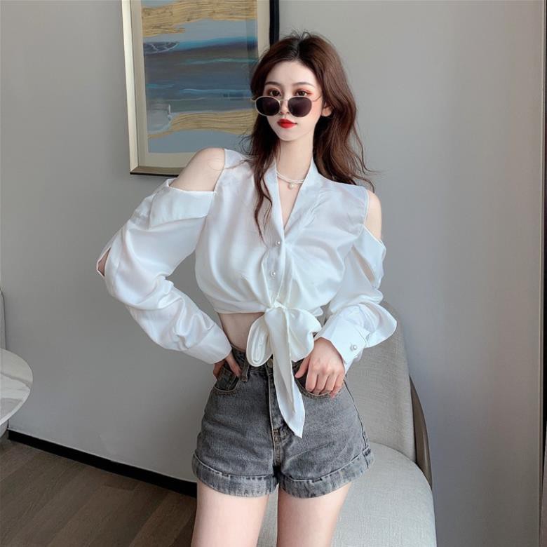 Áo sơ mi nữ hở vai buộc vạt cá tính sexy ulzzang Đẹp *