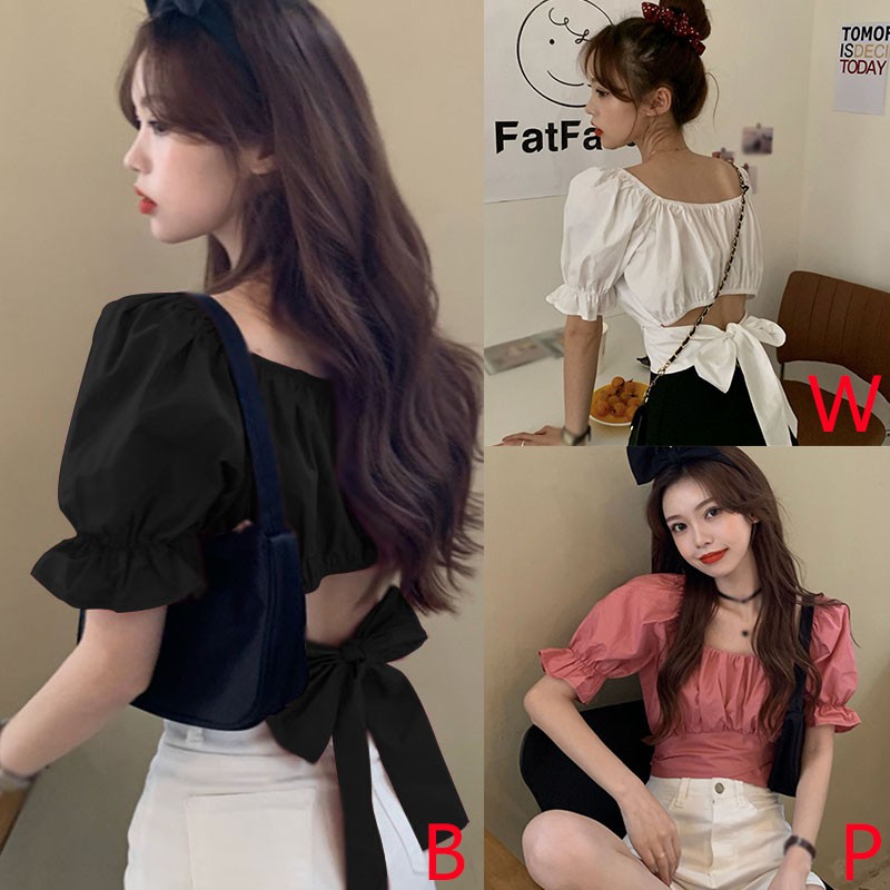  Áo kiểu cho nữ tay phồng ngắn xẻ cổ chữ U phong cách Hàn Quốc đáng yêu | BigBuy360 - bigbuy360.vn