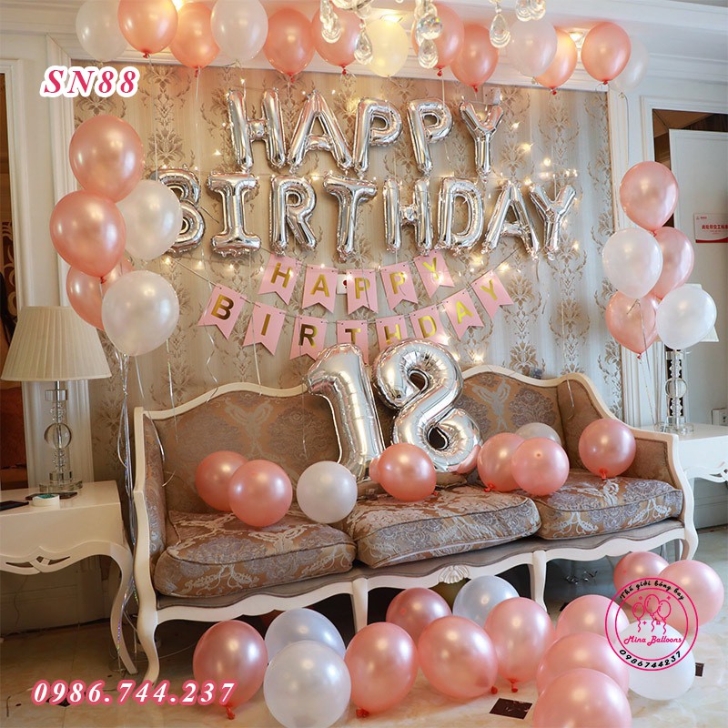 Set Bóng Trang Trí Sinh Nhật Happy Birthday Màu Rose Gold Kèm Đèn Led