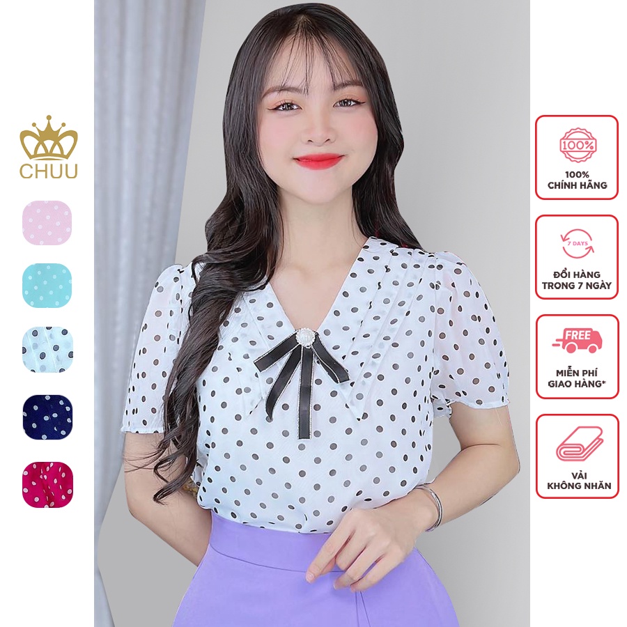 Áo sơ mi công sở nữ họa tiết chấm bi cổ 3 lớp CHUU A8074