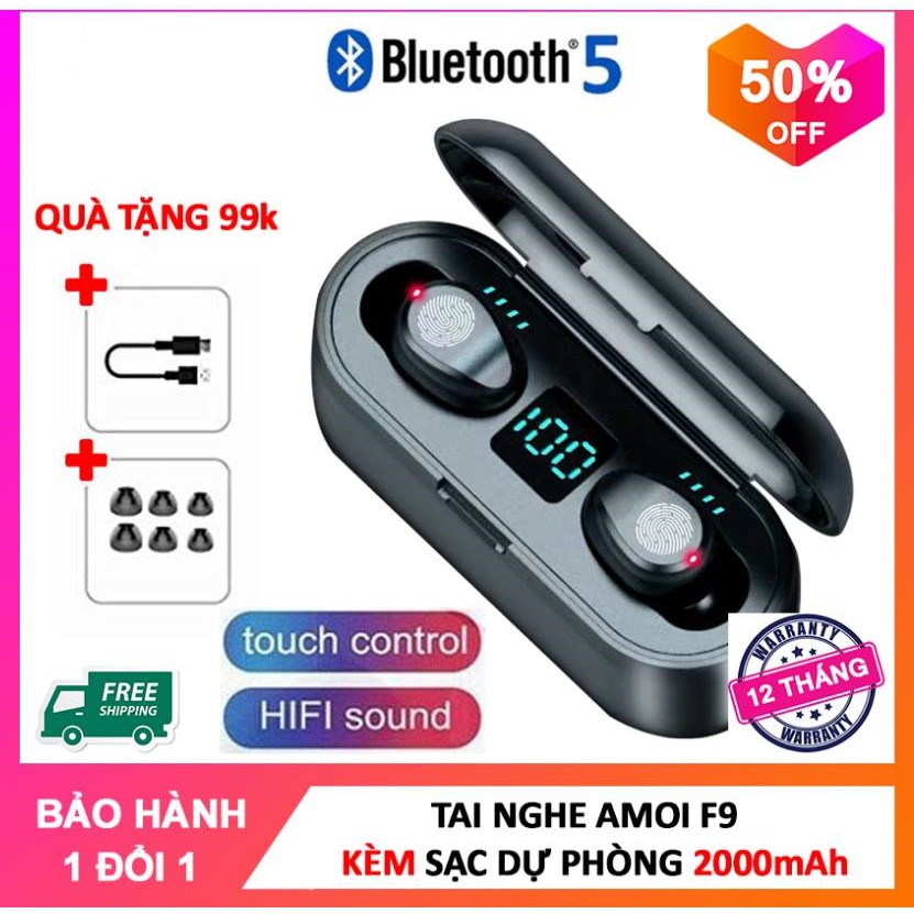 Tai nghe cảm ứng TWS F9 cao cấp bluetooth 5.0 tăng giảm âm lượng trực tiếp trên tai nghe - Hàng nhập khẩu